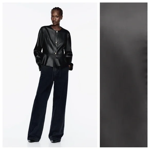 NWT. Zara Black Faux Leather Peplum Blazer/Jacket. Size L, XL. - Picture 2 of 16